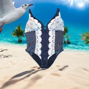 Deep Plunge One-piece Black W/Rose Gold Foil Print Swimsuit sz 20